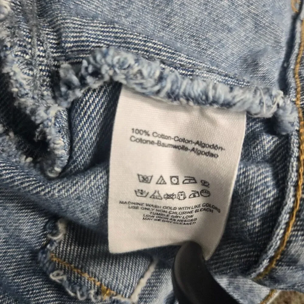 Free People We the Cropped Denim Jacket Womens Blue Frayed Cinch Back 100% M